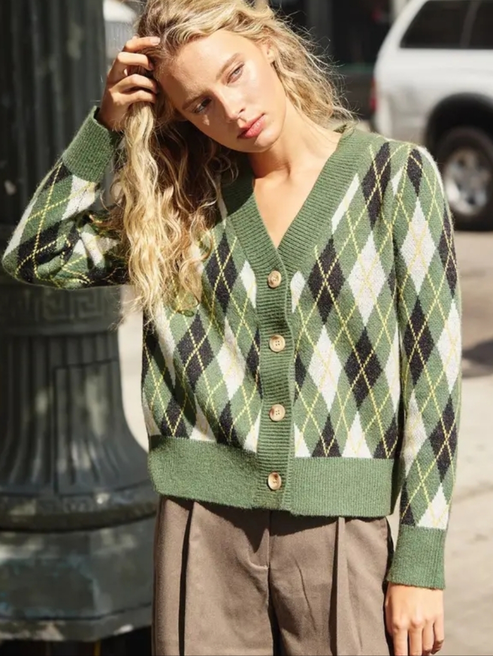 REVOLVE Green, White & Black Argyle V-Neck Cardigan Size M - Picture 2 of 5